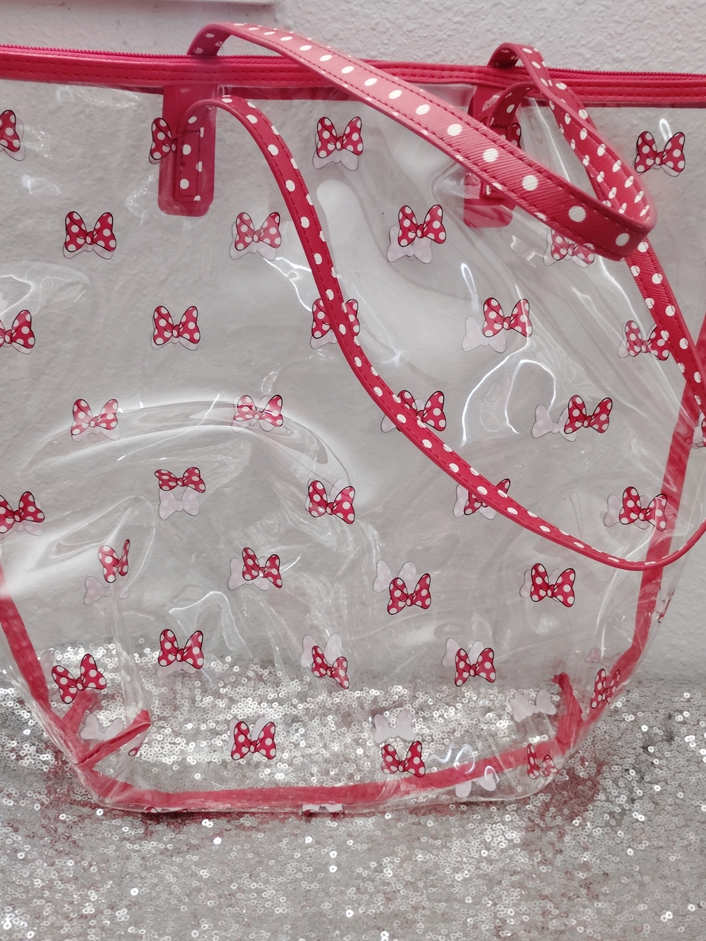 Clear Vinyl Tote with Pink Polka Dot Bow Print